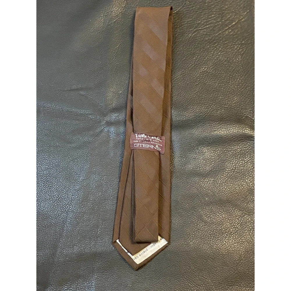 Pierre Cardin Vintage Men's Tie Brown Diagonal Stripes Polyester Logo Slim Style